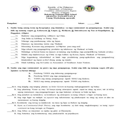 ARALING PANLIPUNAN 8 EXAM FIRST QUARTER