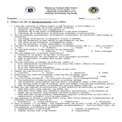 IKATLONG MARKAHANG PAGSUSULIT SA ARALING PANLIPUNAN 8 