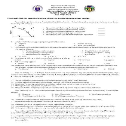 ARALING PANLIPUNAN 9 (EKONOMIKS) PRE-POST TEST (with Answer Key)