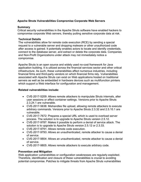 Apache struts vulnerabilities compromise corporate web servers 