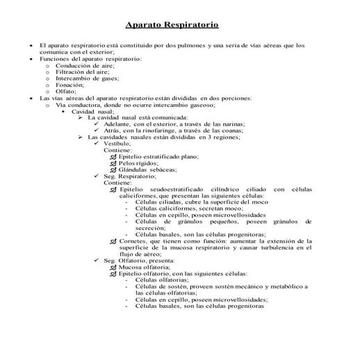 Resumen de Histología del Aparato Respiratorio - Histología de Ross 7ma Ed.