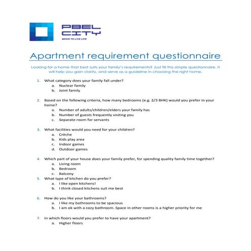 Apartment buyer's questionnaire for easy buying