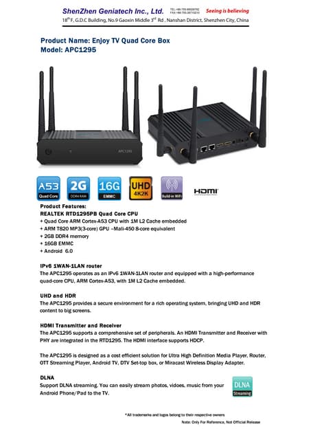 【Specification】Geniatech Apc1295 Realtek RTD1295 for Android TV, 4K HDR VP9 o...