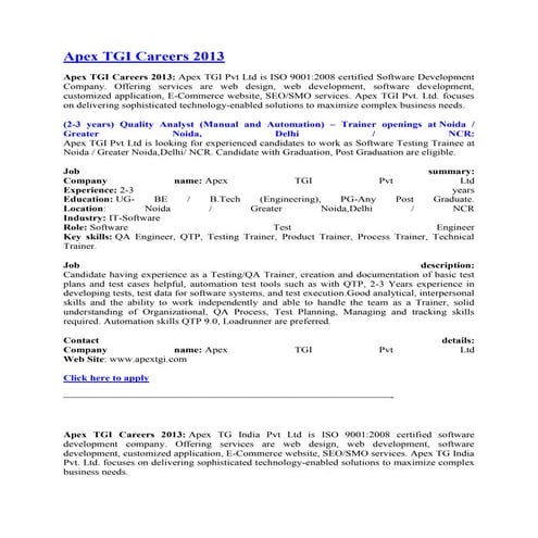 Apex tgi careers 2013