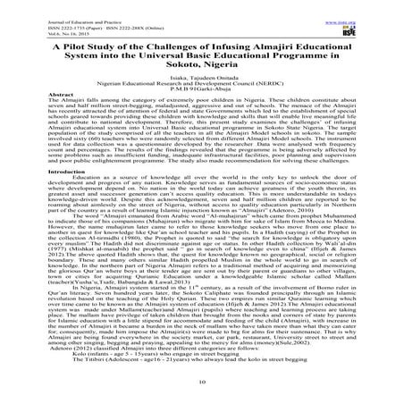 A pilot study of the challenges of infusing almajiri educational | PDF