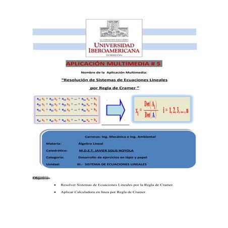 Aplicación Multimedia #5 álgebra linea. REGLA DE CRAMER PARA RESOLVER SISTEMA...