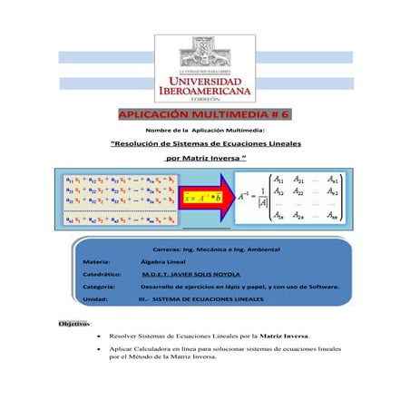 Aplicación Multimedia #6 álgebra lineal. MÉTODO DE SOLUCIÓN DE LA INVERSA DE ...