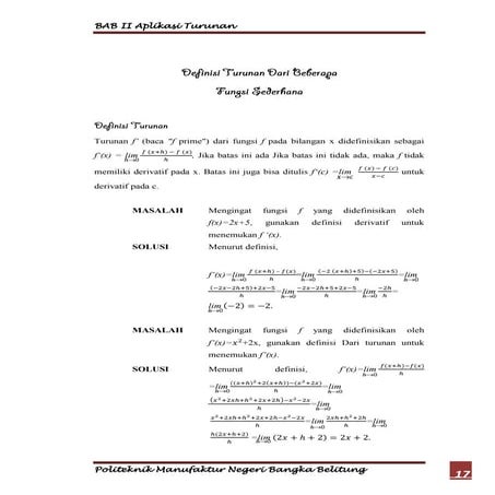 Aplikasi dari derivatif dan pasti integral