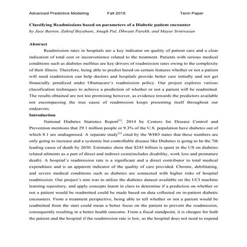 Classifying Readmissions of Diabetic Patient Encounters