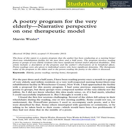 A Poetry Program For The Very Elderly Narrative Perspective On One Therapeuti...