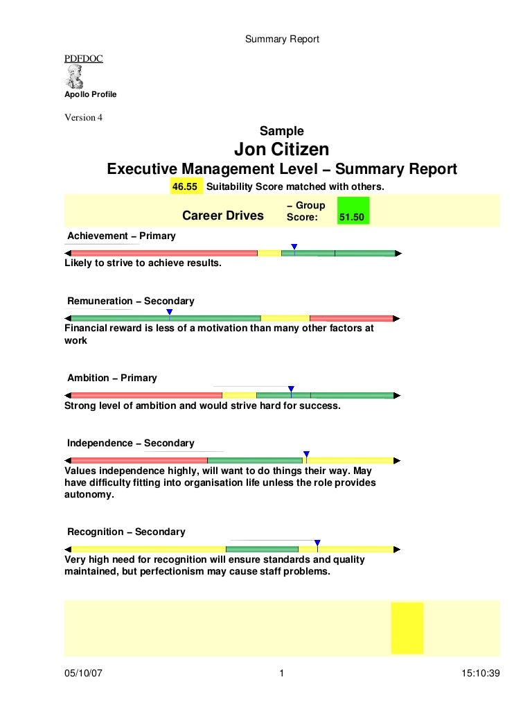 apollo executive level summary personality report executive career level