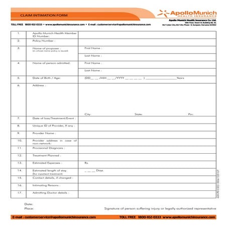 Apollo Munich Claim Intimation Form