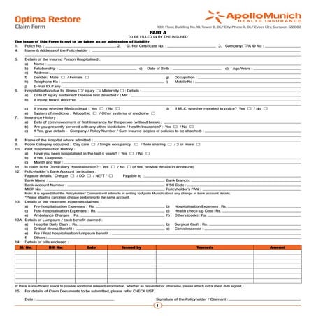 Apollo Munich Optima Restore Claim Form