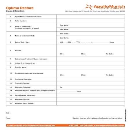 Apollo Munich Optima Restore Claim Intimation Form