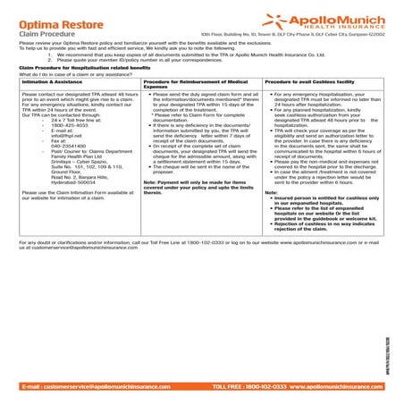 Apollo Munich Optima Restore Claim Procedure