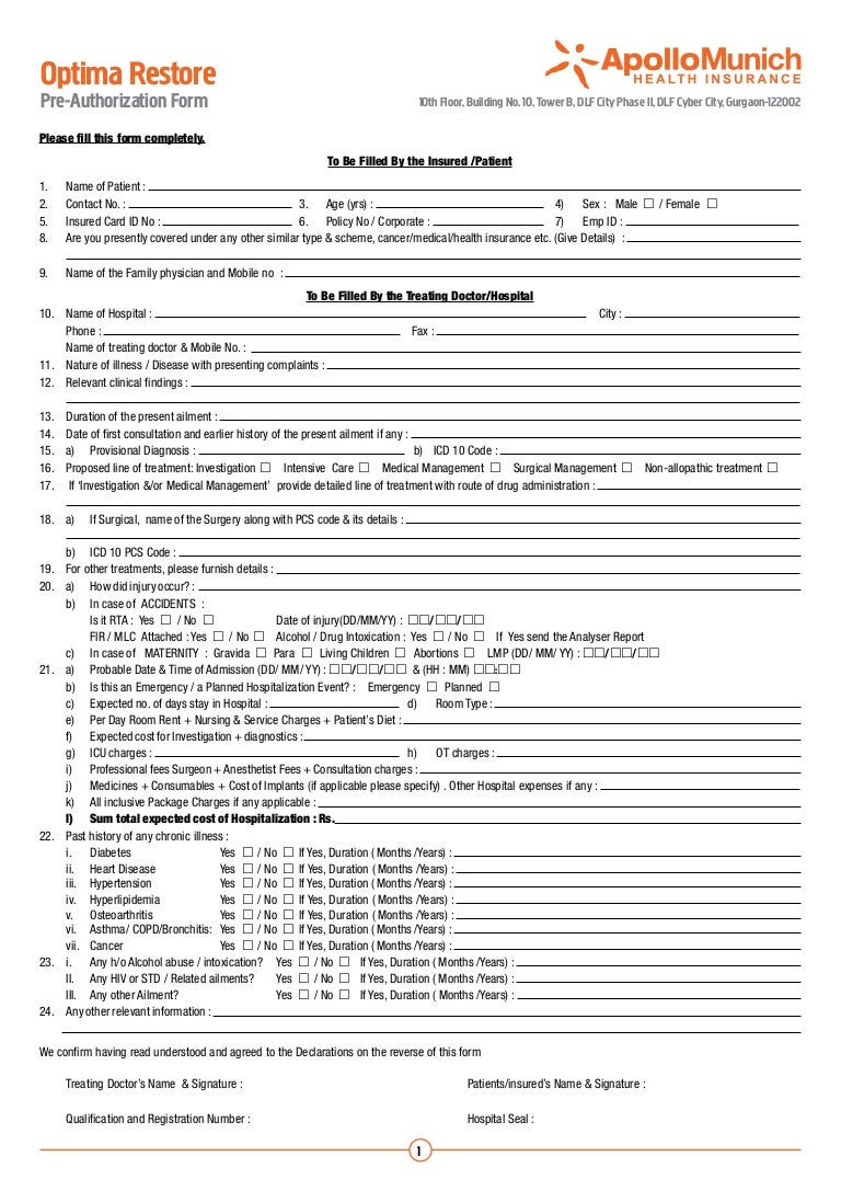 Apollo Munich Optima Restore Pre Auth Form