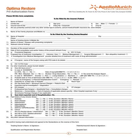 Apollo Munich Optima Restore Pre Auth Form