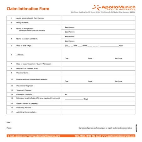 Apollo Munich Optima Senior Claim Intimation Form