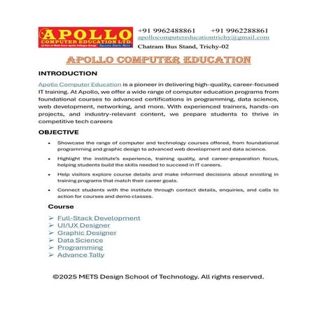 APOLLO COMPUTER EDUCATION TRICHY NEAR CHATRAM BUSTAND | PDF