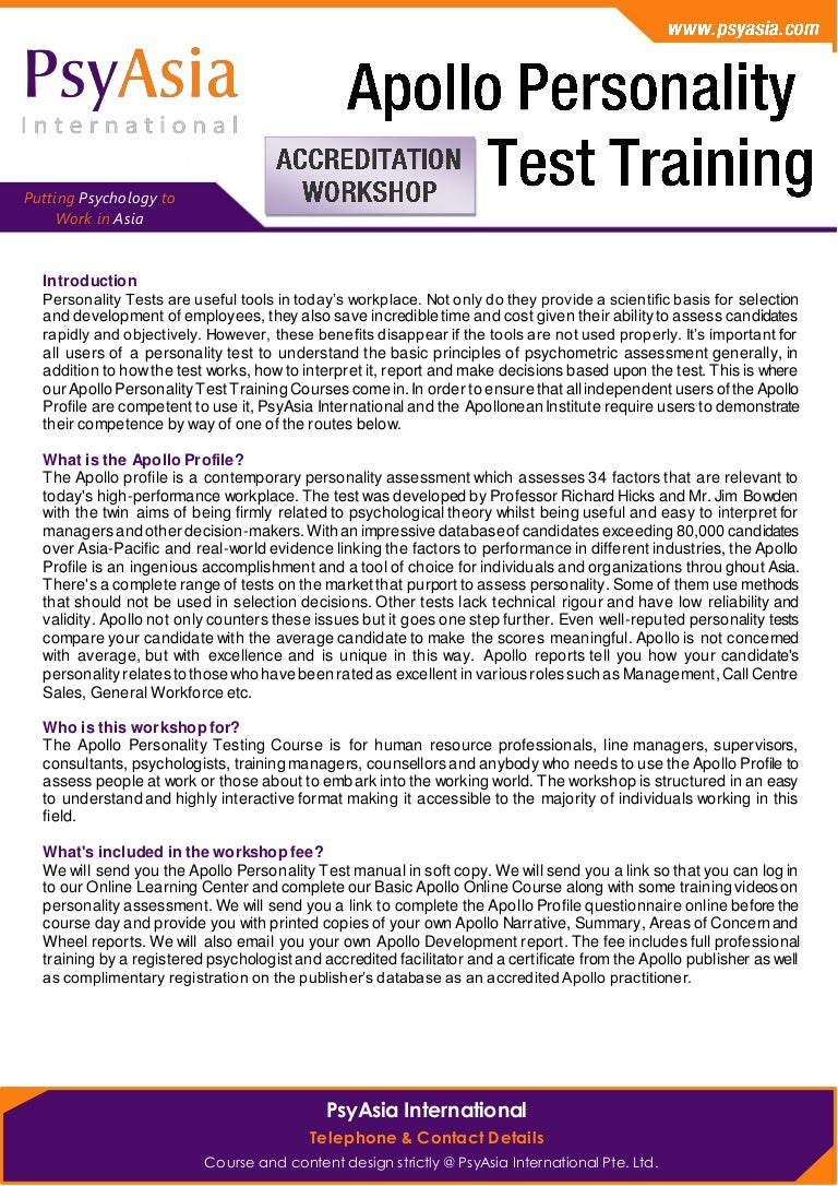 Apollo personality test training course