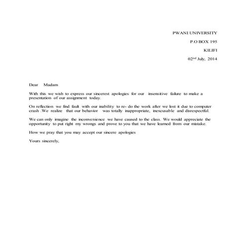 APOLOGY LETTER. ODHIAMBO BERRIC(PWANI UNIVERSITY)