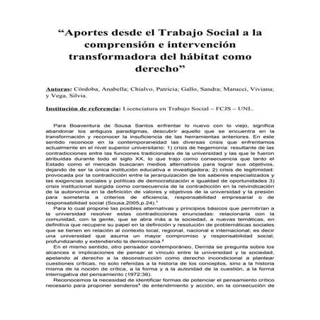 Aportes a la comprensión e intervención transformadora del hábitat como derecho