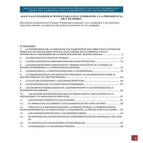 Aportes para los posibles candidatos a la presidencia de Colombia en 2026