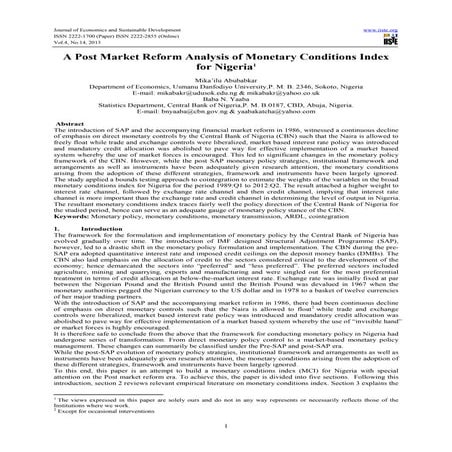 A post market reform analysis of monetary conditions index for nigeria