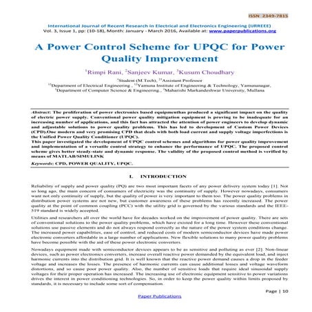 A Power Control Scheme for UPQC for Power Quality Improvement