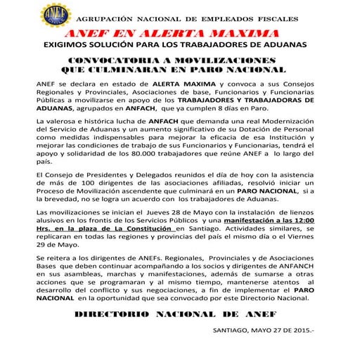 Apoyo a trabajadores de aduanas   anef en estado de alerta y  convoca  a movi...