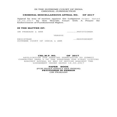 Appeal against Lodgment Order of Registrar SCI under Order XV Rule 5 of SCI R...