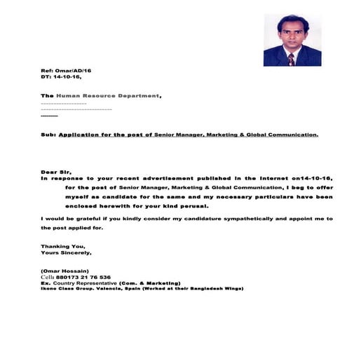Application for the post of Senior Manager, Marketing & Global ...