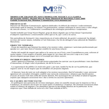 Appec Models De Transició, Nous Models De Negoci A La Xarxa E. Aymerich Jou Monmar.Net