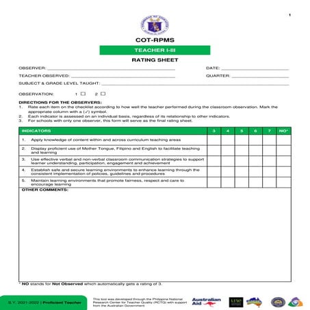 Annex E-2_COT Rating Sheet for Beginning towards Proficient Teacher (TI ...