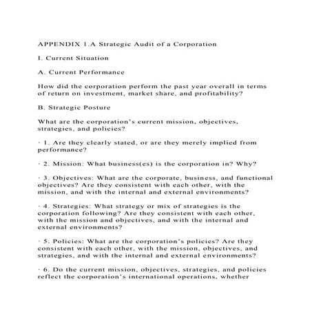 APPENDIX 1.A Strategic Audit of a Corporation I. Current Situa.docx