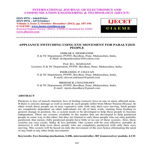 Appliance switching using eye movement for paralyzed people