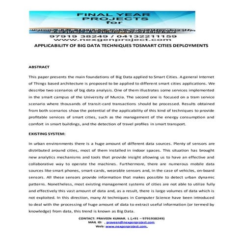 APPLICABILITY OF BIG DATA TECHNIQUES TOSMART CITIES DEPLOYMENTS
