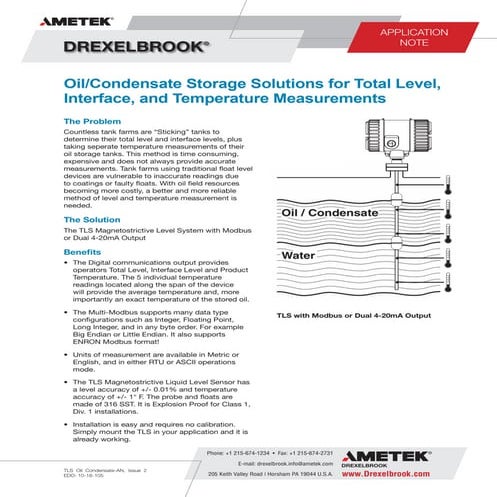 Application Note: Oil Storage Solutions for Level Interface and Temperature