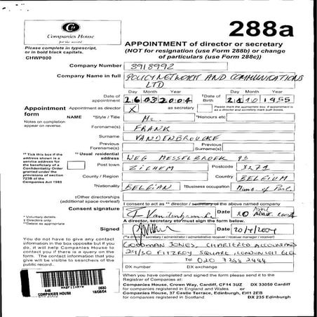 Aanstellingsformulier Frank Vandenbrouck bij Policy Network