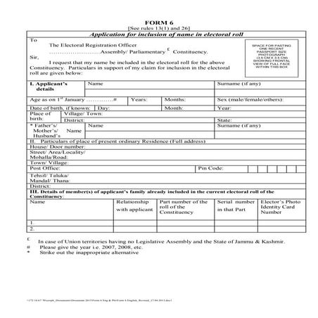 Application for inclusion of name in electoral roll(form6)