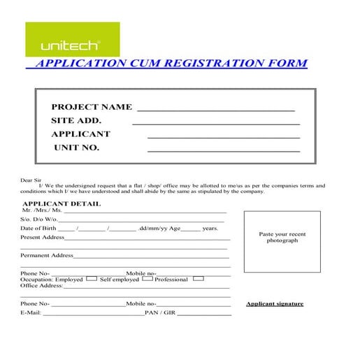 Application form unitech gardens galleria-great india place phase ii noida