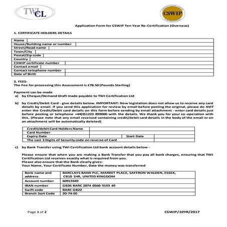 Application Form For Cswip 10 Year Re Certification overseas With Logbook