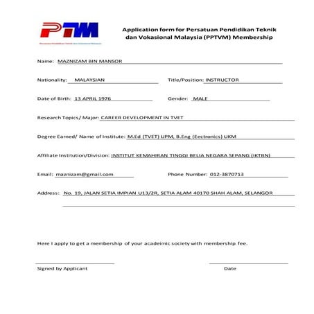 Application form for persatuan pendidikan teknik dan vokasional ...