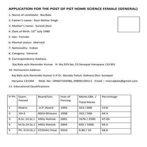 Application for the post of pgt home (rajbala)