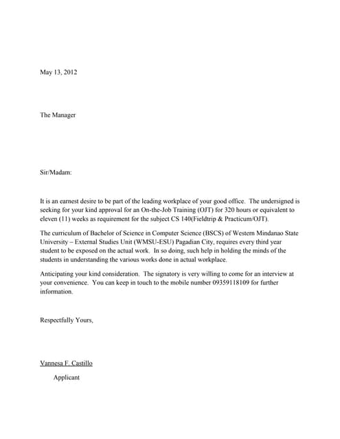  Sample Application letter for ojt's