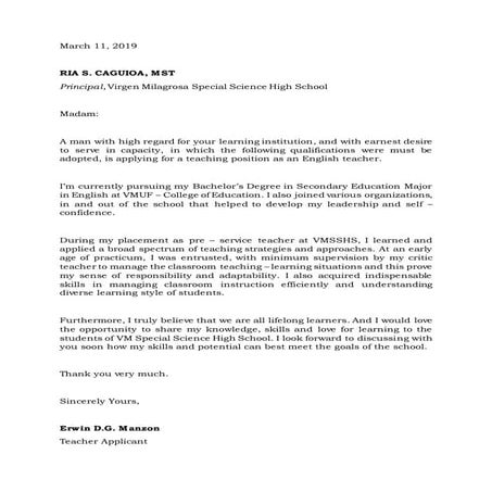 Application Letter for Teachers