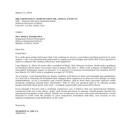 Application Letter for ranking in DEPed for science category