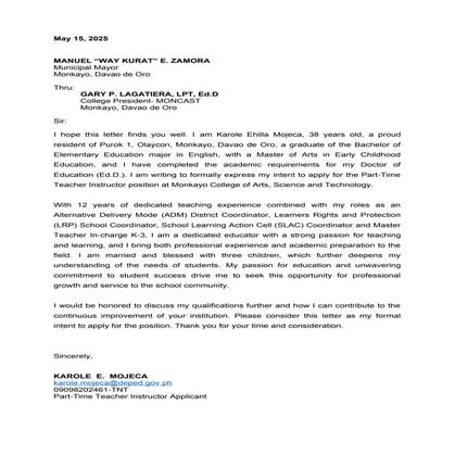 application letter FOR TEACHERS IN EDUCA