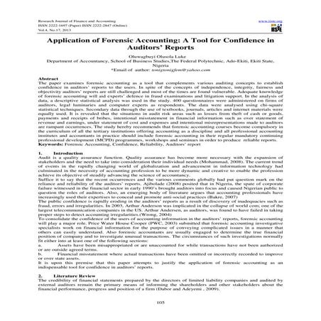 Application of forensic accounting a tool for confidence in auditors’ reports
