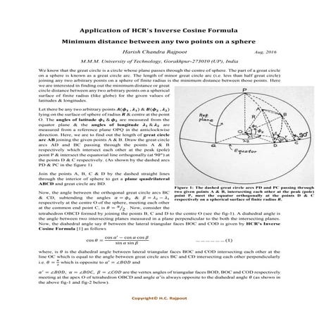 Derivation of great-circle distance formula using of HCR's Inverse cosine for...